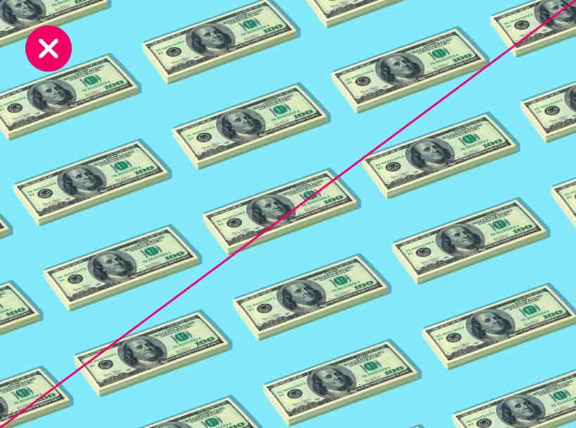 Stacks of money are arrayed in an angled grid against a blue background. The image is marked with a red X.