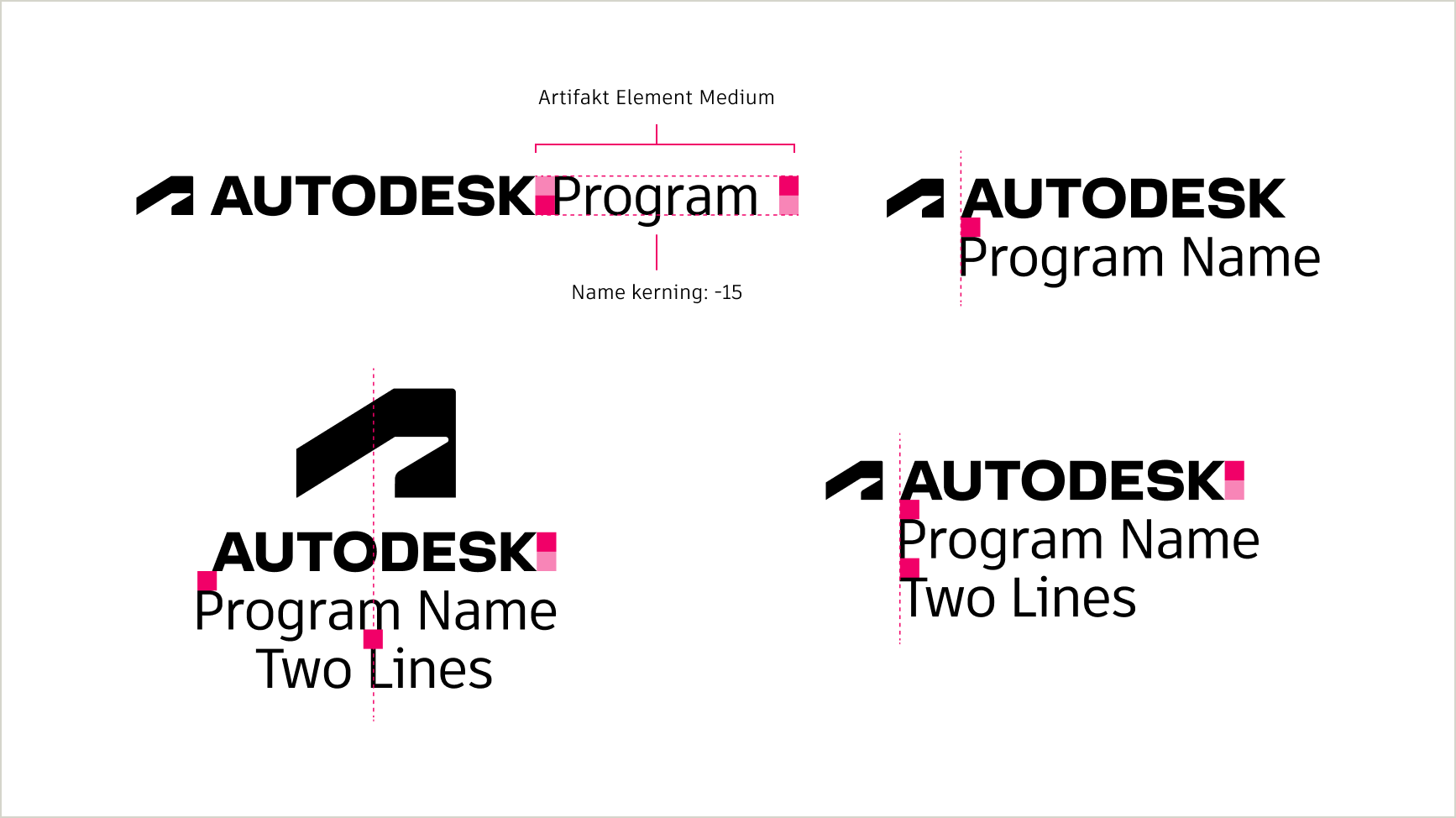 Annotations of various lockups of the Autodesk logo with program names, highlighting appropriate fonts, kerning, and spacing