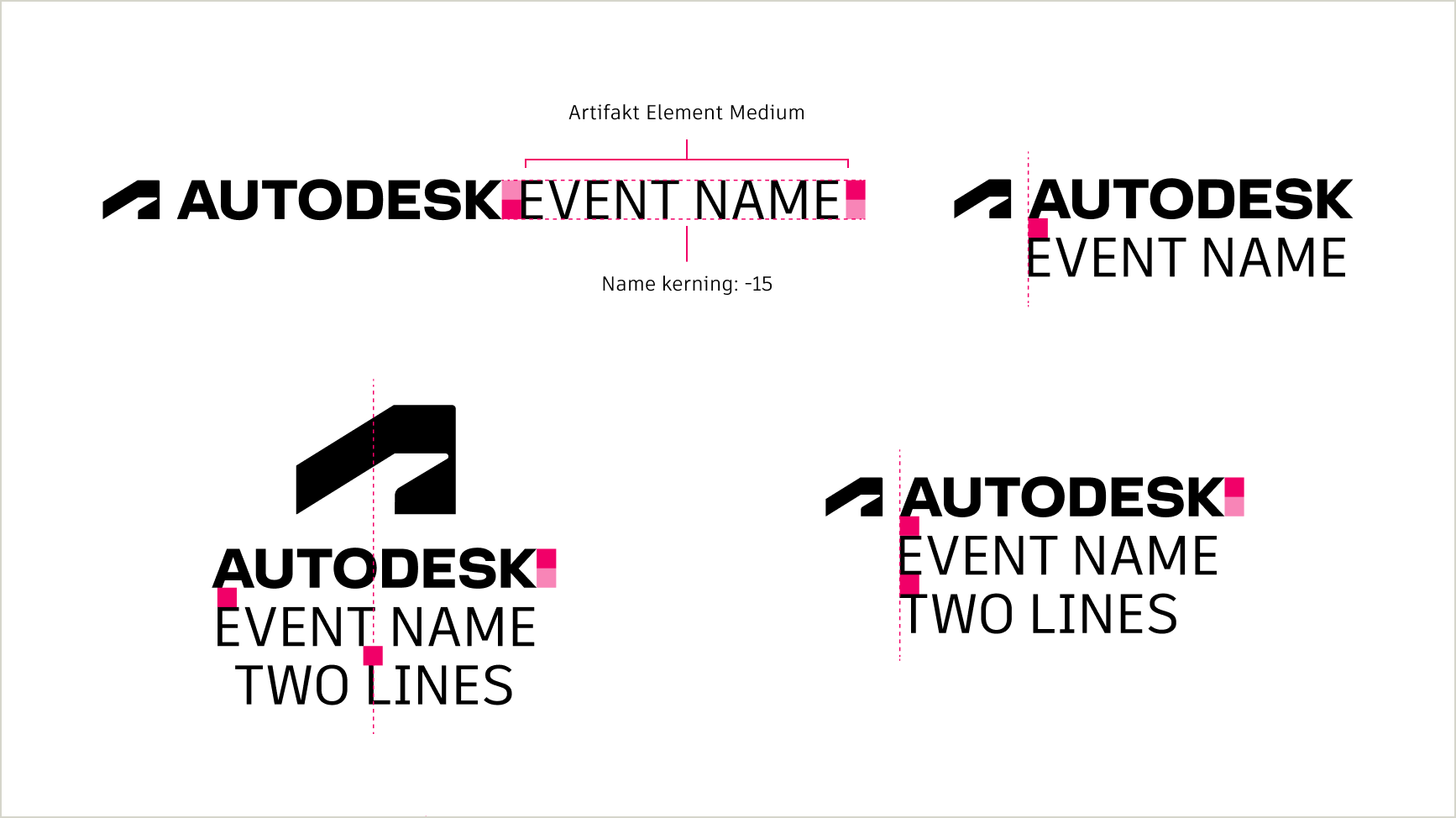 Annotations of various lockups of the Autodesk logo with event names, highlighting appropriate fonts, kerning, and spacing