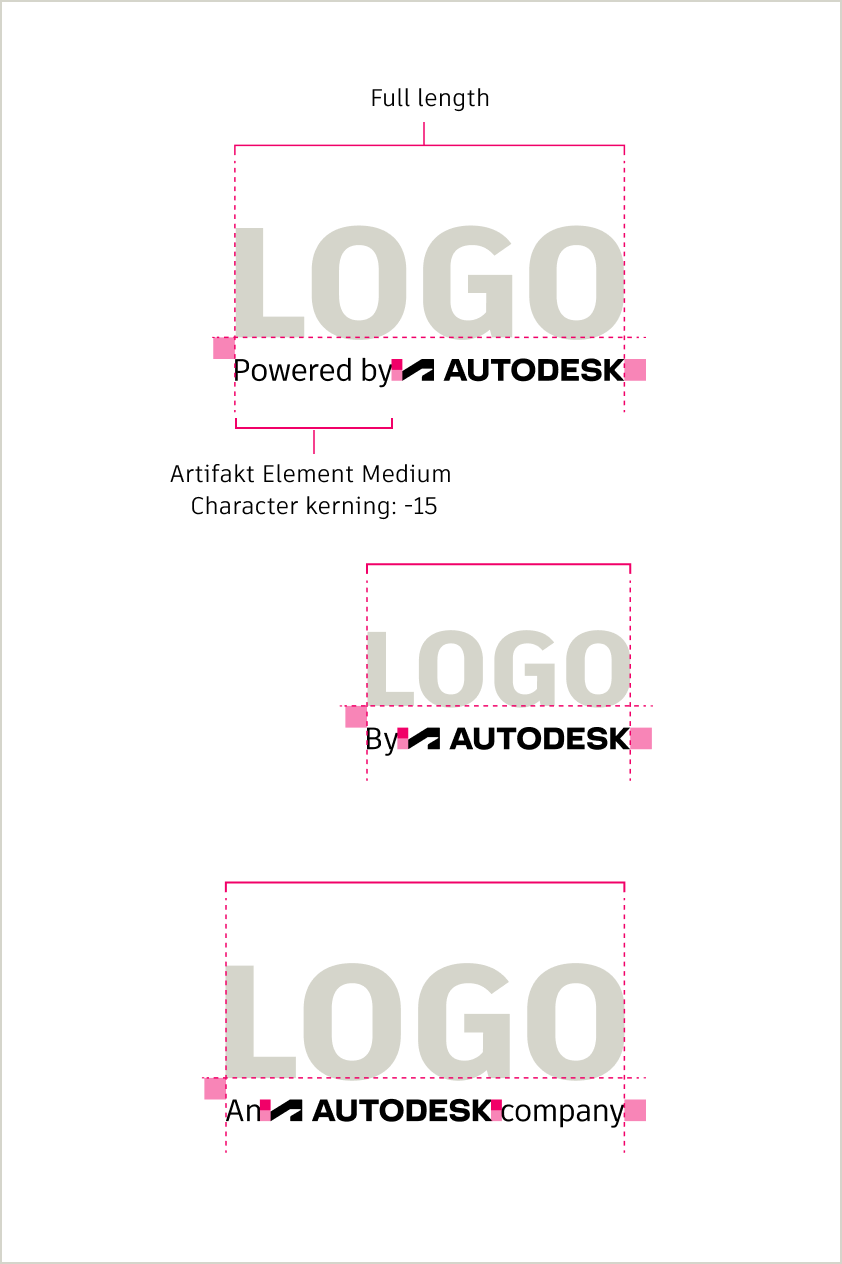 Examples of logo lockups for acquired companies, highlighting appropriate font and kerning for full-length lockups