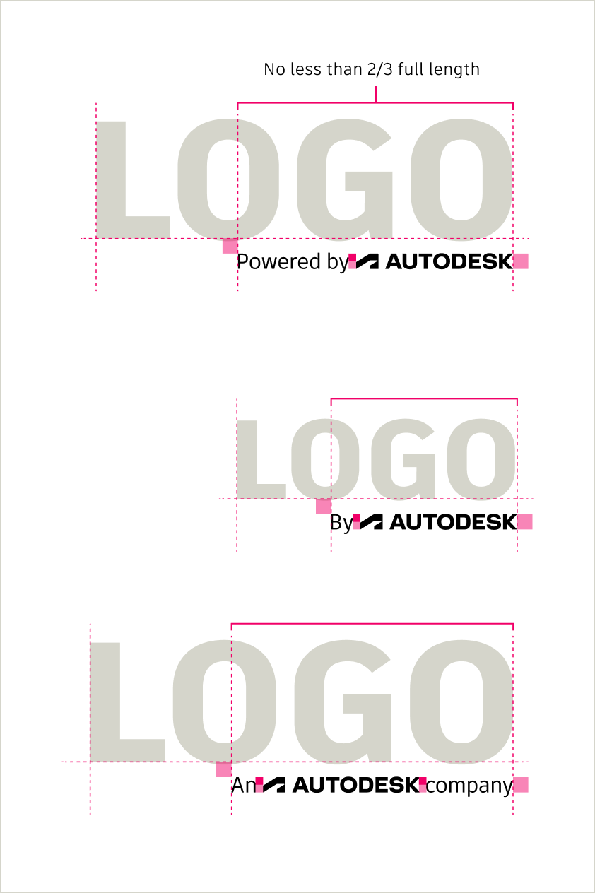 Examples of logo lockups for acquired companies, highlighting that the Autodesk component should be no smaller than 2/3rds the full width of the main logo