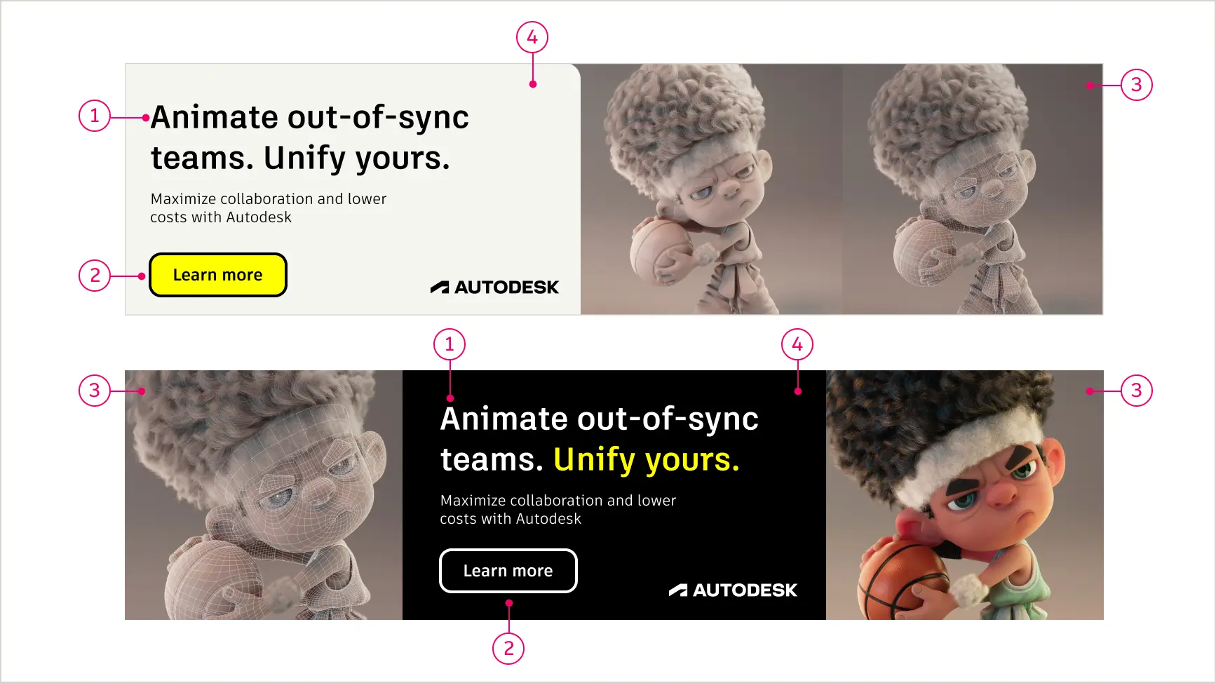 Banners that include examples of fixed elements including layout system, color palette, typography, button style, and CTA. The banner is split in half. The left side has a gray background with white and yellow typography and a yellow button. The right side has two images of a child holding a basketball.