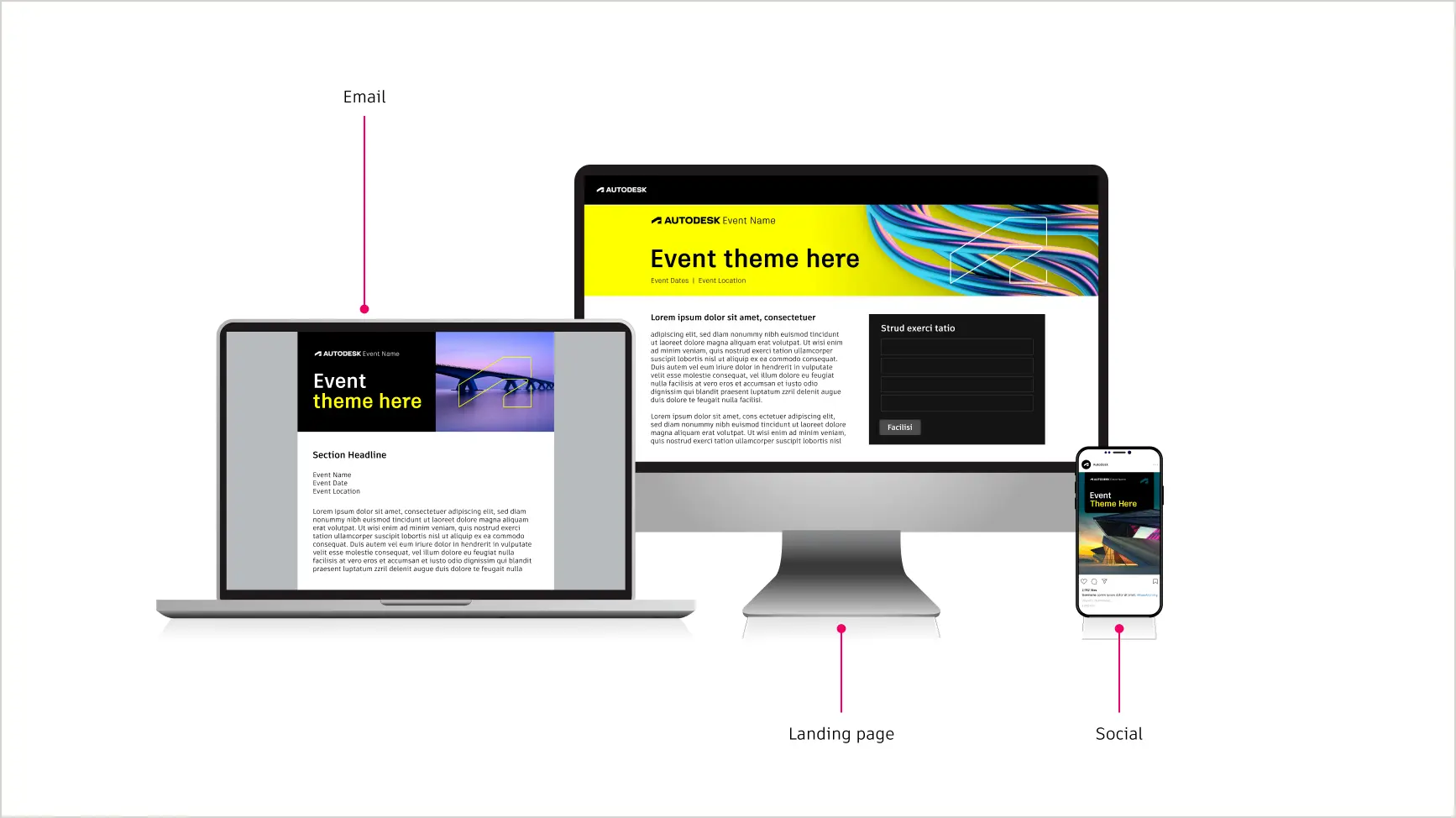 Examples of one-pagers advertising a hypothetical event, using Autodesk brand elements correctly. The one-pagers are shown on laptop, desktop, and mobile.