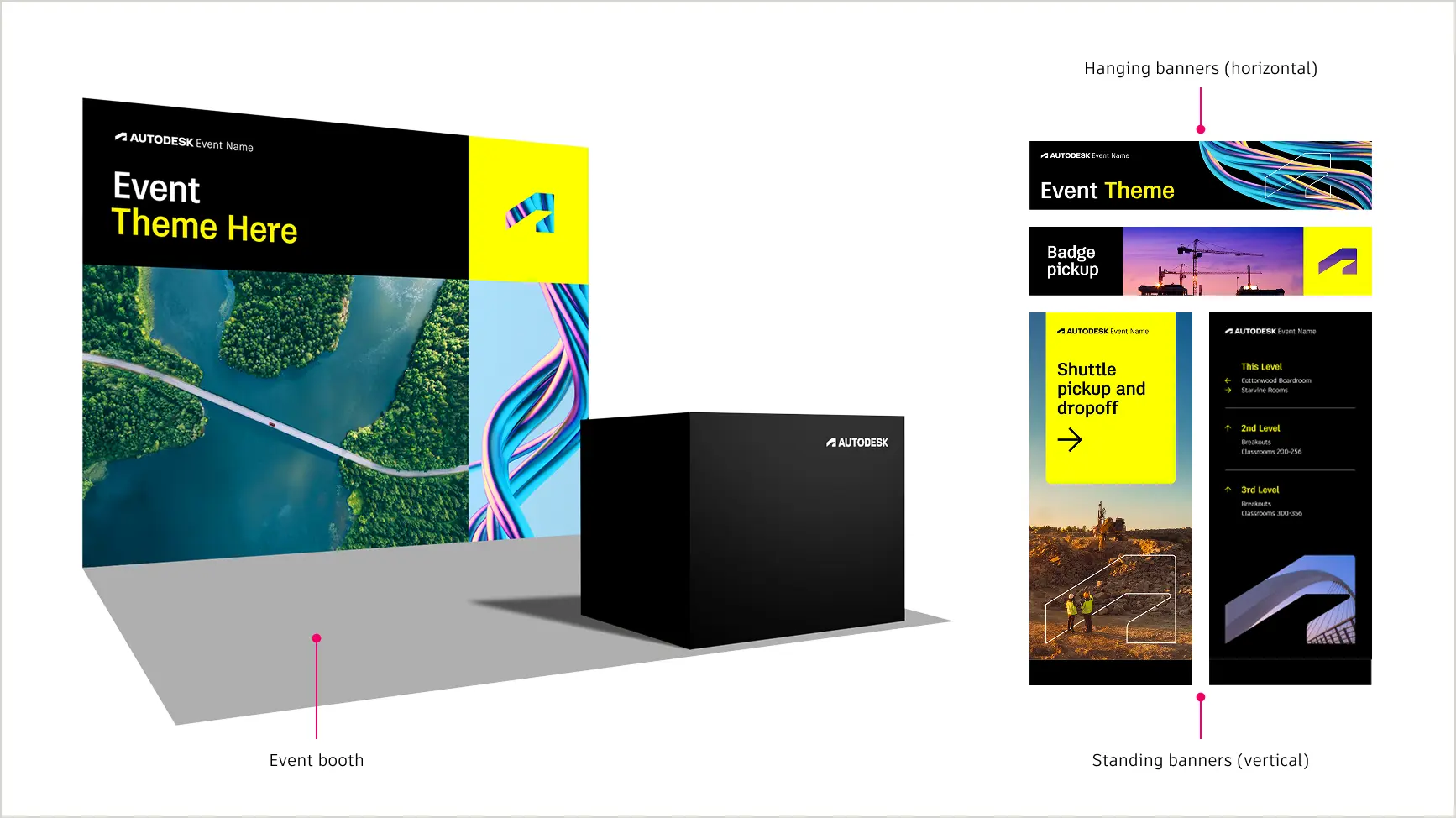 Examples of Autodesk brand elements advertising an event. The examples include a mural, the outside of a conference booth, signage, and banners.