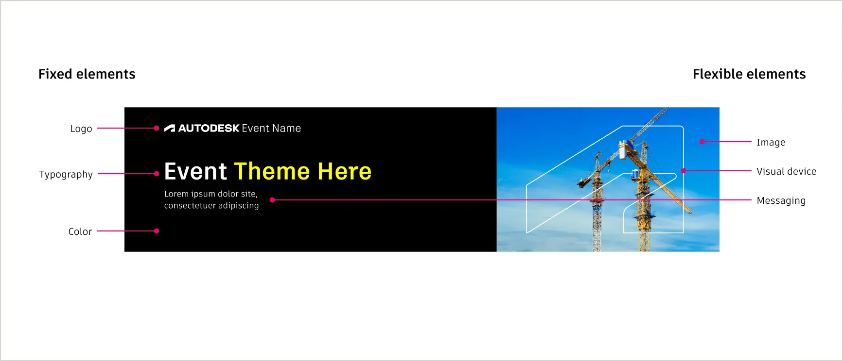 Example of an event banner that says "Event Theme Here" in Autodesk White and Hello Yellow. The right side of the banner has an Autodesk logo superimposed on top of an image of an oil rig.