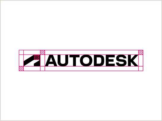The full Autodesk logo (symbol and wordmark together) with clear space indicated using red grid marks around the logo.