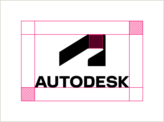 The stacked Autodesk logo (symbol and wordmark together) with clear space indicated using red grid marks around the logo.