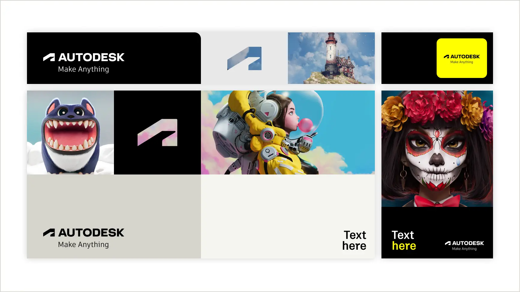 Several examples of the "Make Anything" tagline on black, gray, and yellow backgrounds alongside various animated characters.