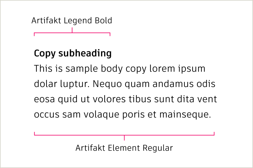 Typesetting example showing multiple levels of information, with copy subheadings in Artifakt Legend Bold, and body copy in Artifakt Element