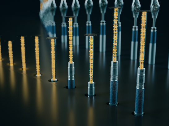 Metallic rods with glowing gold accents are arranged in a line against a sharp, geometric pattern against a dark background.