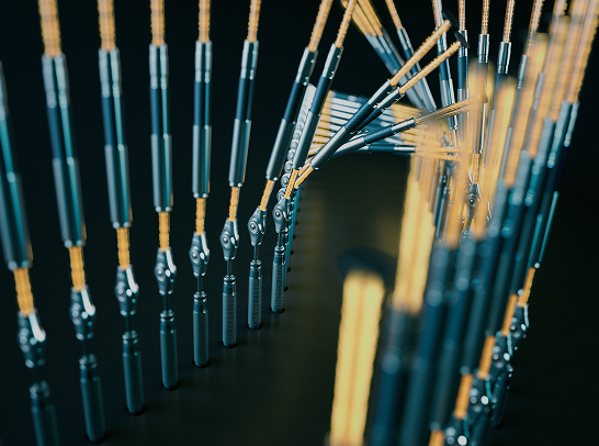 Metallic rods with glowing gold accents are arranged in a line against a sharp, geometric pattern against a dark background.