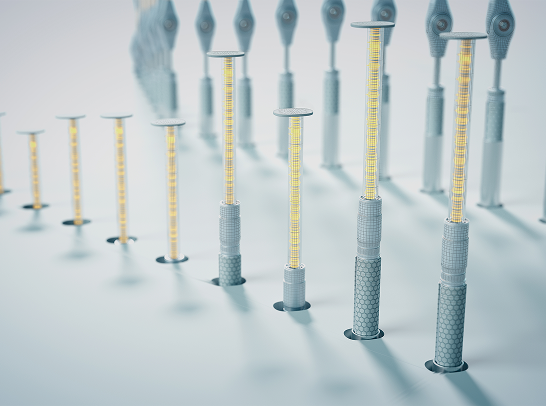 Metallic rods with glowing gold accents are arranged in a sharp, geometric pattern against a light gray background.