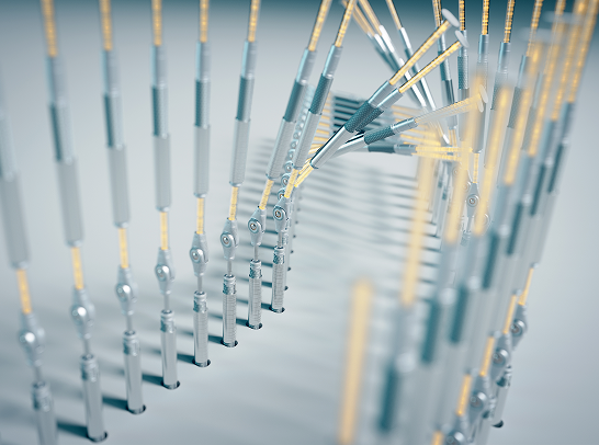 Metallic rods with glowing gold accents are arranged in a sharp, geometric pattern against a light gray background.
