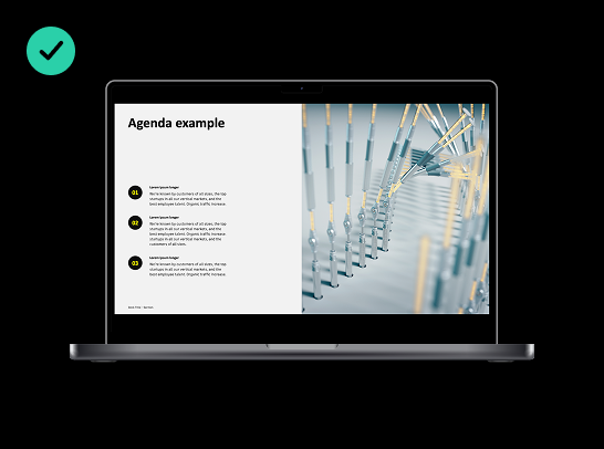 A laptop screen displays a slide titled “Agenda example,” with bullet points on the left and a 3D render of metallic rods on the right. There is a green check mark in the upper left corner.
