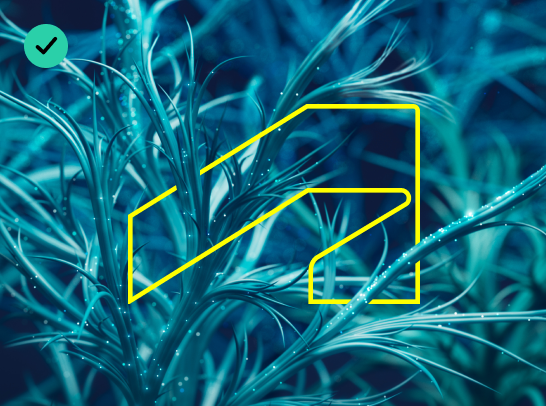 A yellow outline of the Autodesk logo appears over an image of plant stems, with parts of the logo masked out to give a 3d effect. There is a green check mark in the top left corner.