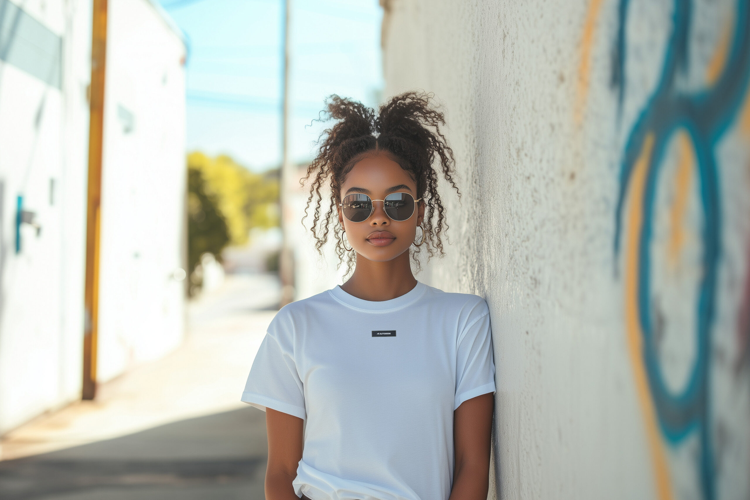 A woman stands in a sunlit alley wearing sunglasses and a white t-shirt with subtle Autodesk branding on the front