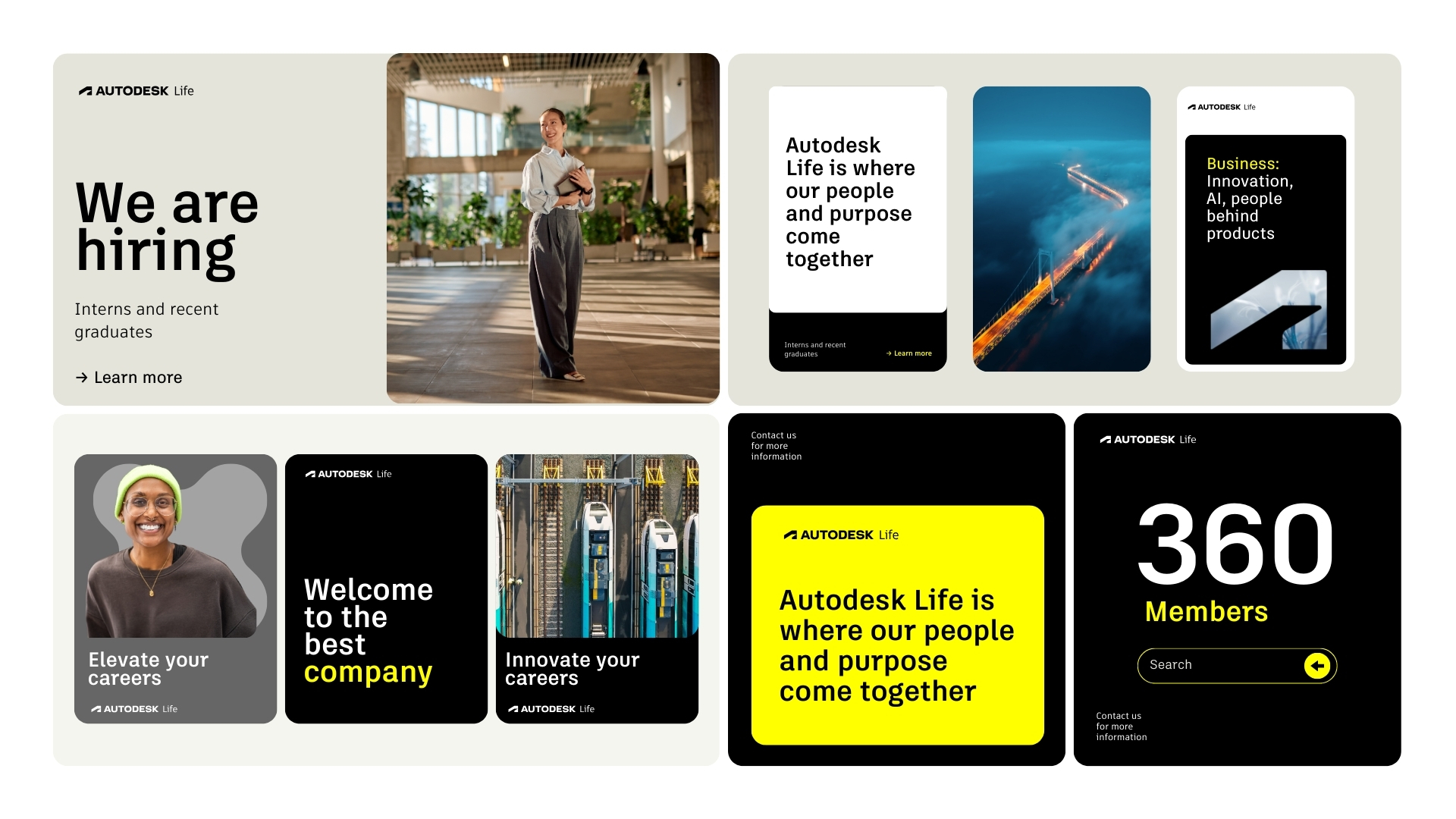 An image highlighting several recent Autodesk social media templates populated with content about working for Autodesk