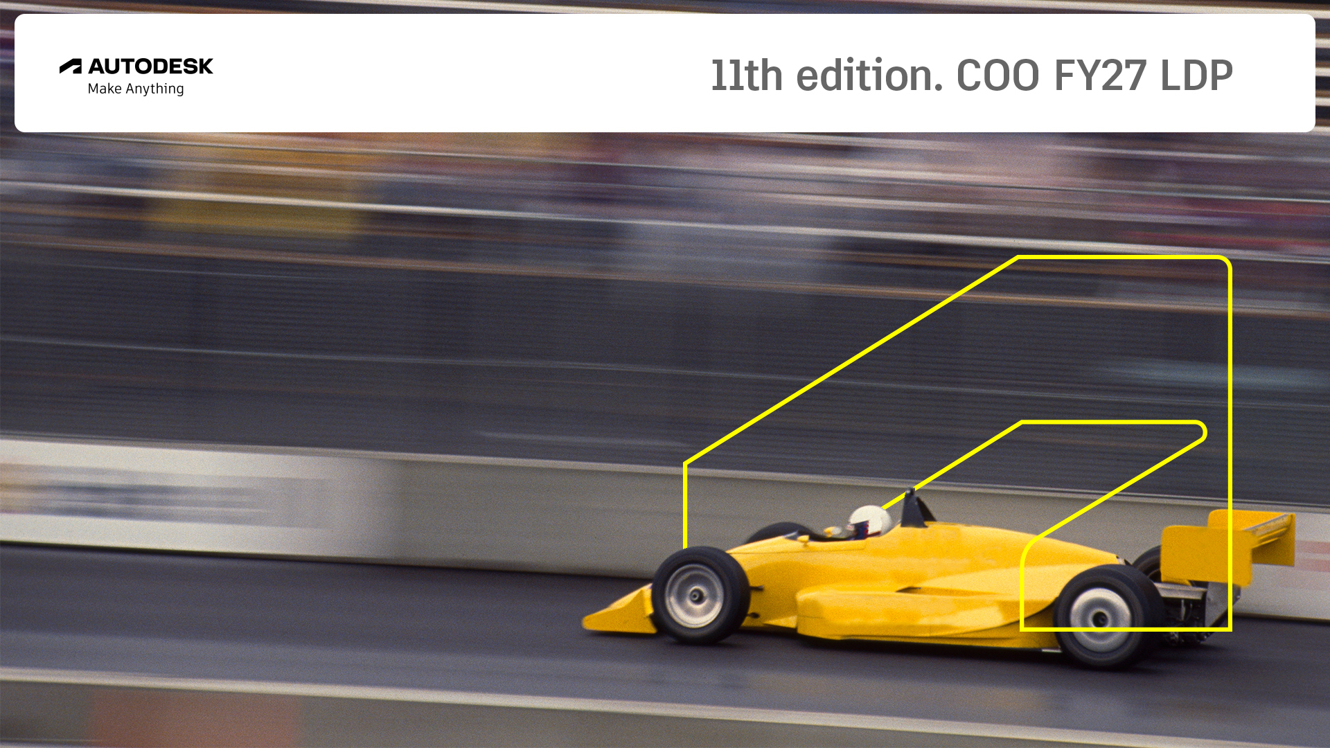 A virtual background useful for videoconferencing depicting a yellow racecar speeding along a track. A yellow outline of an Autodesk symbol is intertwined with the car.