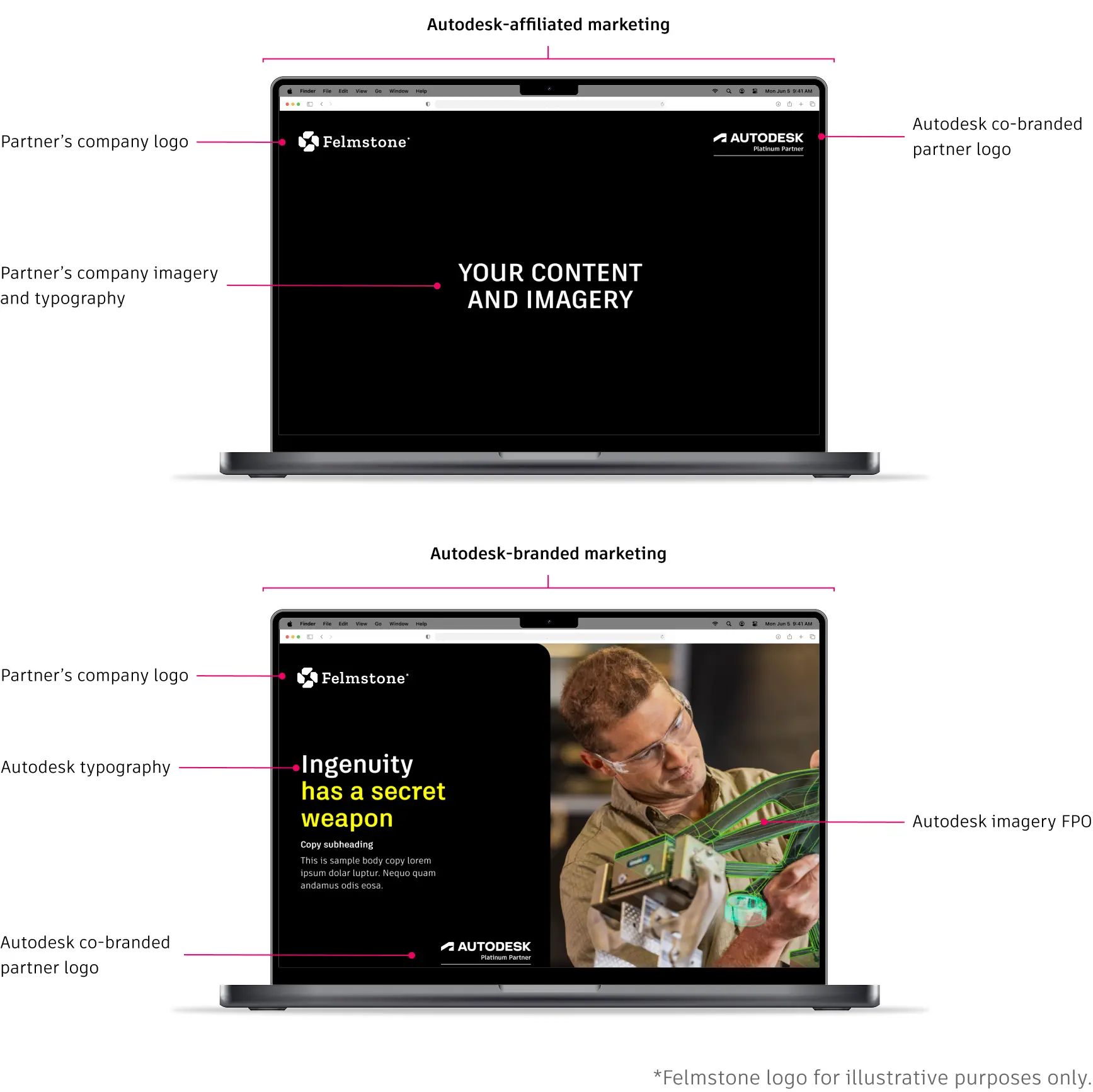 Two laptop mockups showing a co-branded webpage layout with Felmstone and Autodesk Platinum Partner logos and space for partner content and imagery.