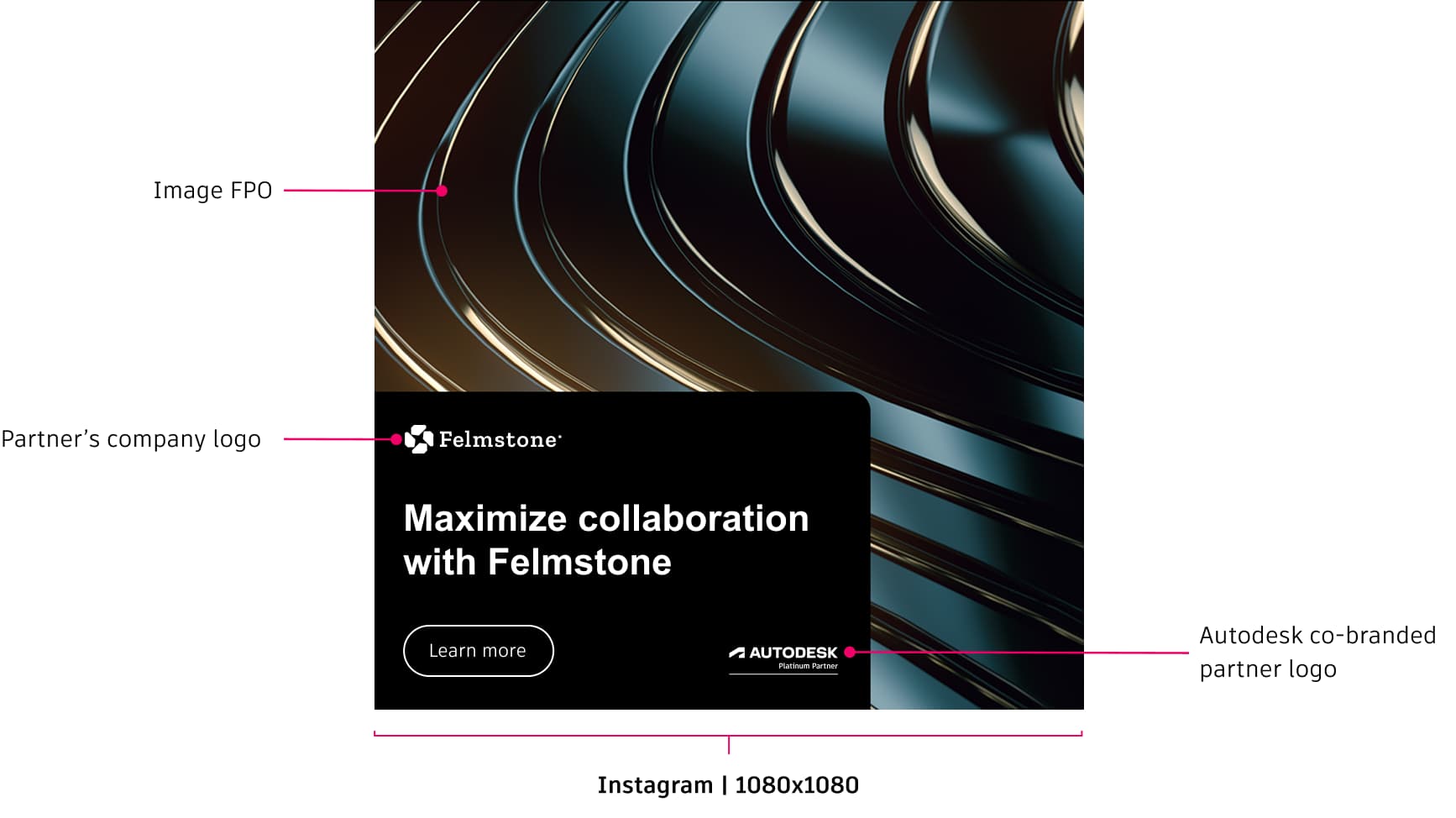 Instagram ad mockup with Felmstone branding, Autodesk Platinum Partner logo, headline text, and call-to-action button over an abstract background.