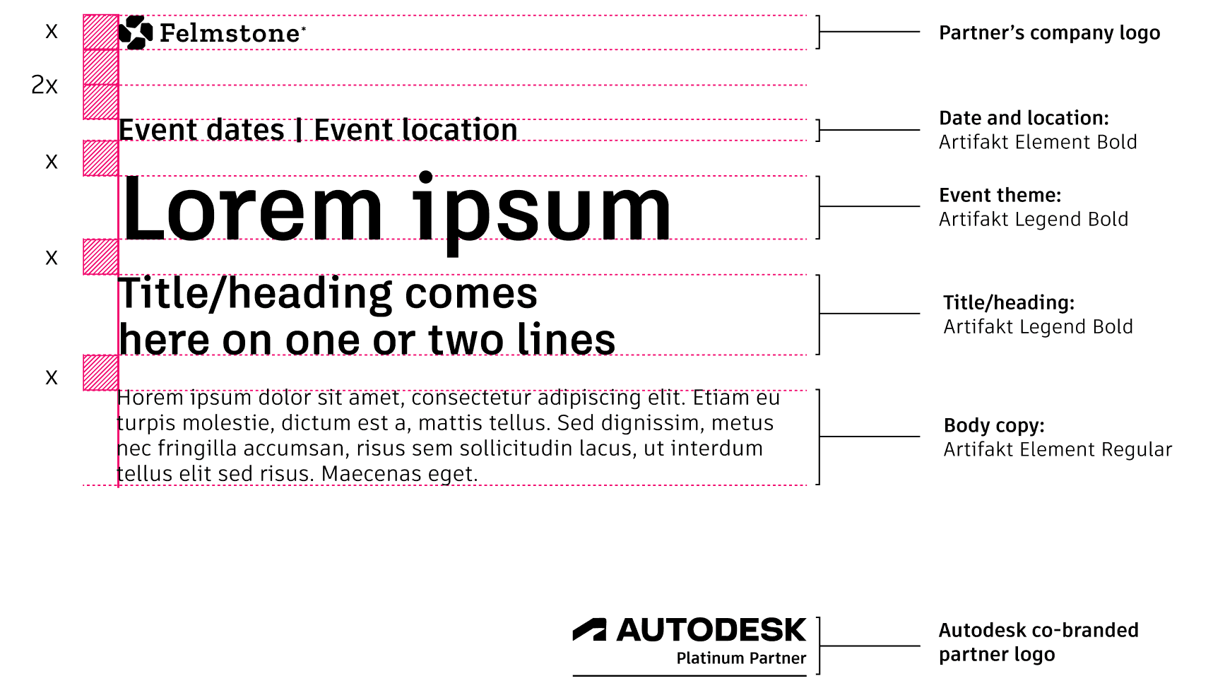 Diagram showing event marketing layout with partner logo, event details, headline, body copy, and Autodesk Platinum Partner logo with spacing rules.
