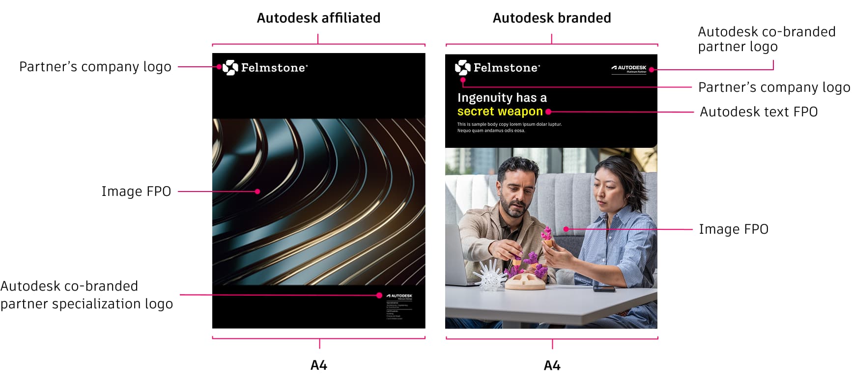 Examples of Autodesk affiliated and Autodesk branded A4 print materials showing partner branding, imagery, and Autodesk co-branded logo placement.