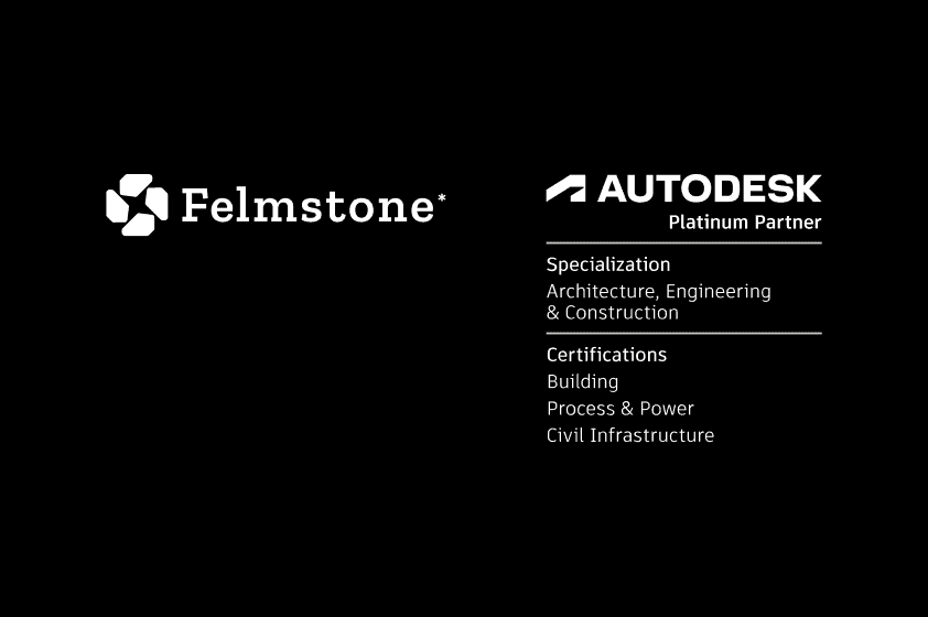 Felmstone logo displayed beside Autodesk Platinum Partner logo with specialization and certification details.