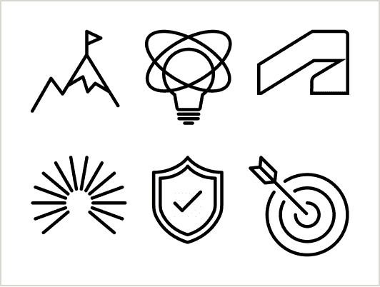 Grid of small line icons including atom, rays, shield, and geometric shapes