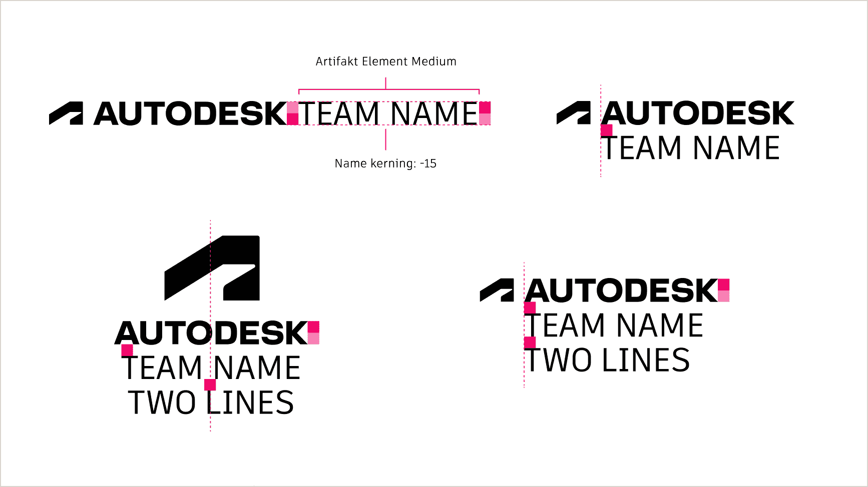 Four Autodesk logo lockup examples demonstrating team name formatting, including single-line team name, stacked team name, and two-line team name configurations alongside the Autodesk logo.