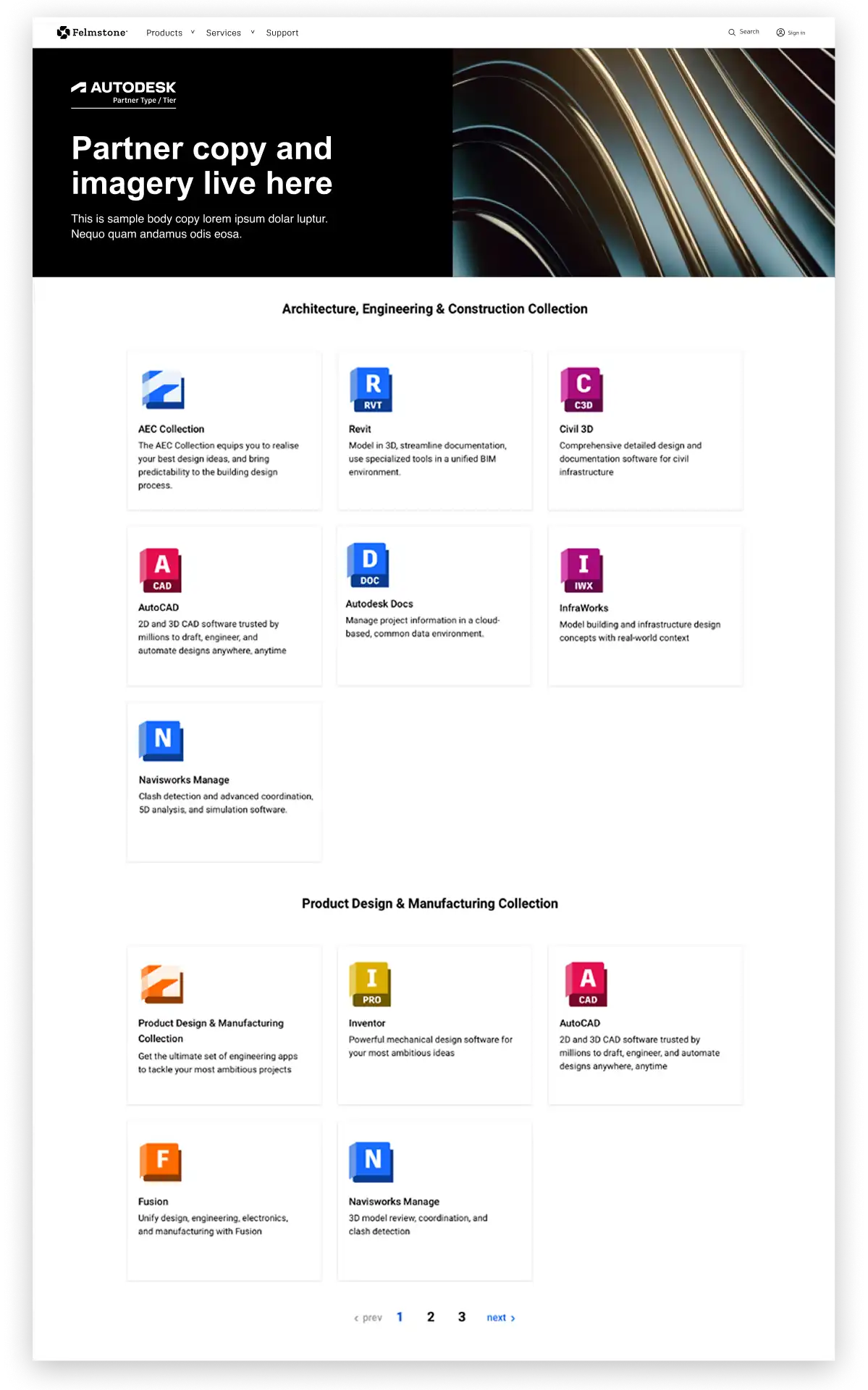 Example partner website layout showing a hero banner with Autodesk co-branded partner logo and partner imagery, product icon grid, and guidance for logo placement and product branding.